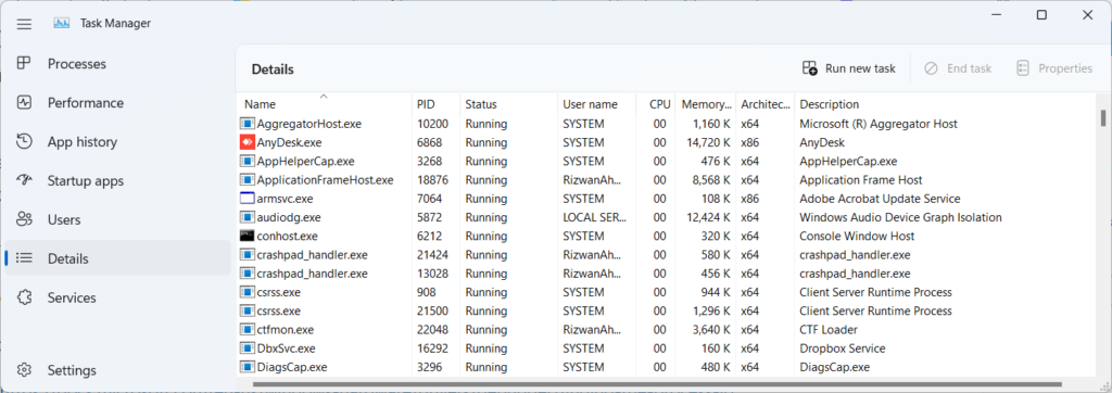 Finding the Process ID (PID) in Task Manager Image