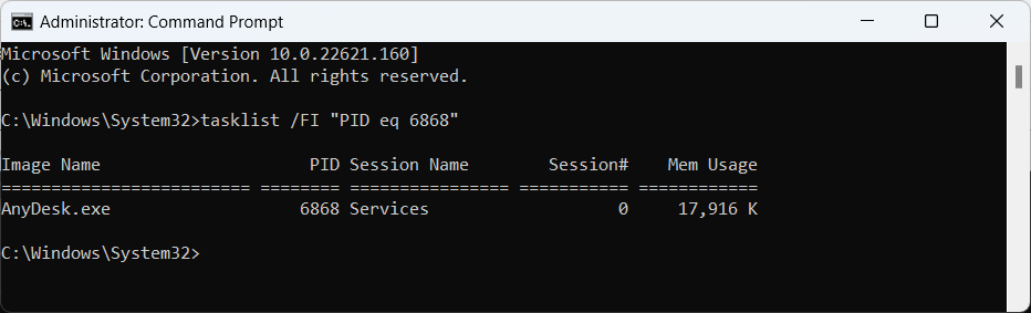 Windows tasklist command to find process by PID