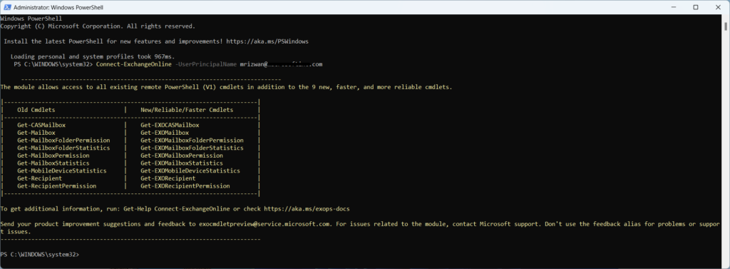 Connect-ExchangeOnline -UserPrincipalName