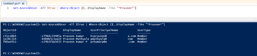 Azure AD Users Parameters with Where-Object