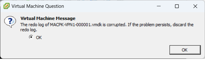 The Redo Log of VM-000001.vmdk is Corrupted