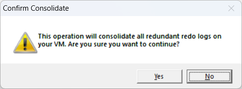 Confirm Consolidate
This operation consolidates all redundant redo logs on your virtual machine. Are you sure you want to continue?