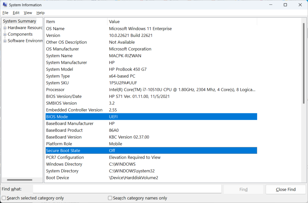 Check Secure Boot Status using MSInfo32