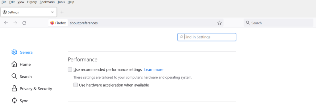 Firefox Use recommended performance settings
