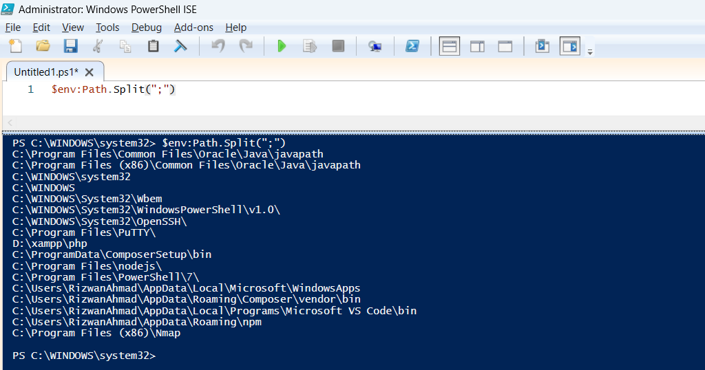Print Environment Variables in PowerShell, $env Path Command with Split Semicolon
