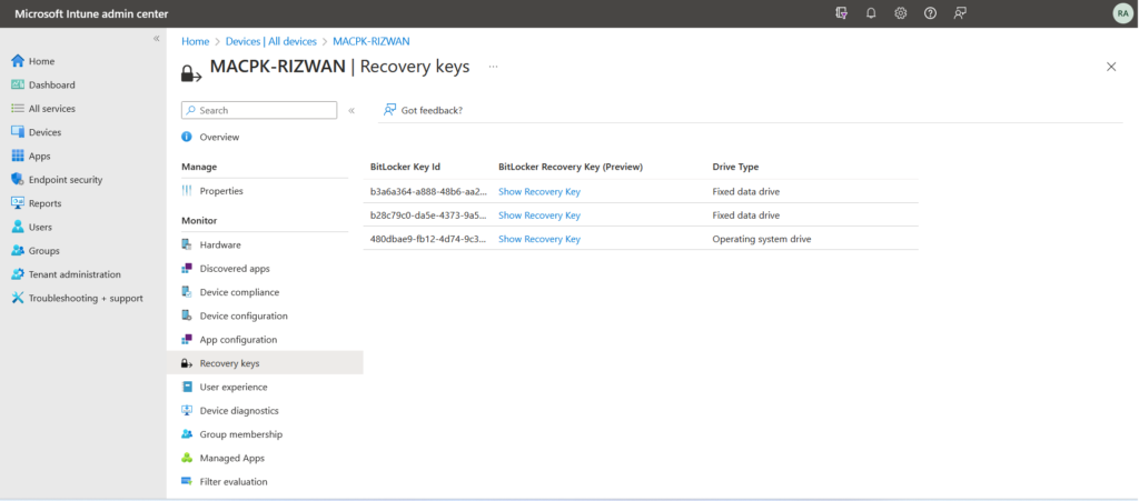 Find Recovery Key in Intune