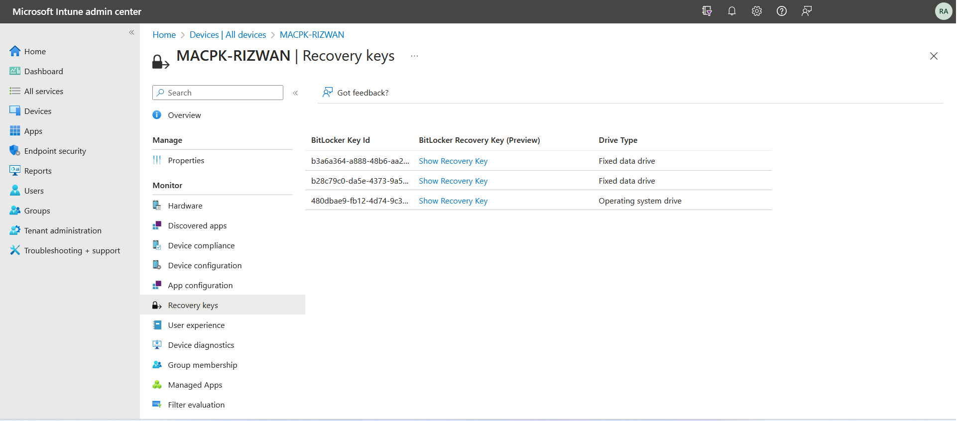 search bitlocker recovery key id intune