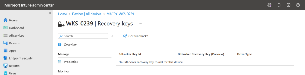 No BitLocker recovery key found for this device
