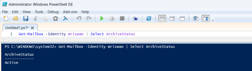 Get-Mailbox -Identity mrizwan | Select ArchiveStatus