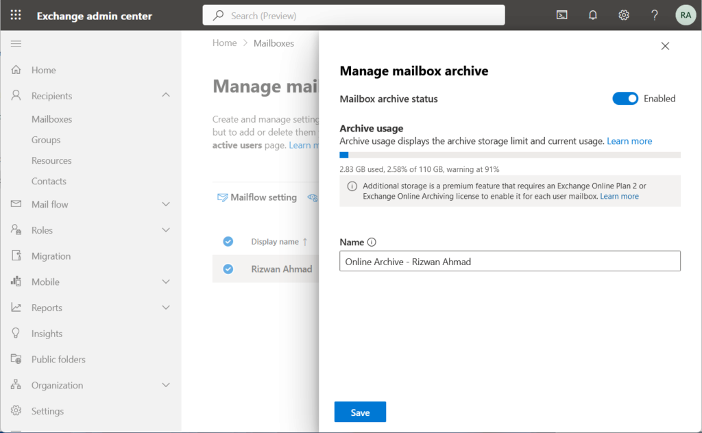 Manage mailbox archive